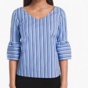 WHBM White House Black Market Emma Stripe 3/4 Bell Sleeve Blouse Blue Sz 12